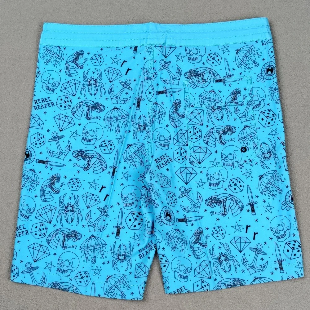 NEW Board Shorts Surf Swim Trunks Men XL Blue Tattoo‎ Biker Pockets Fast Drying